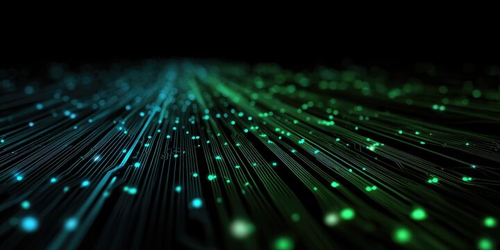 Abstract digital circuit board with glowing blue and green nodes on black background