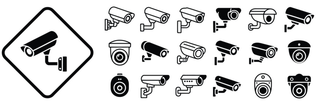 Various security camera icons and symbols for surveillance systems, including CCTV, monitoring, protection, safety, and modern vector illustrations for business, technology, and security projects.