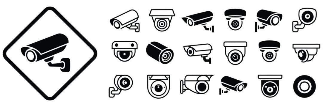 Various security camera icons and symbols for surveillance systems with clean minimalist design, featuring CCTV, video monitoring, safety, and protection graphics for apps, websites, and vector 
