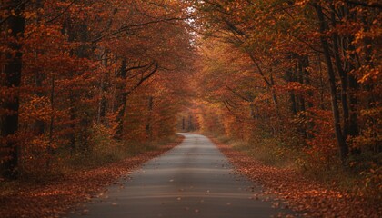 Asphalt road weaves through a tunnel of vibrant autumn trees, leaves on the ground