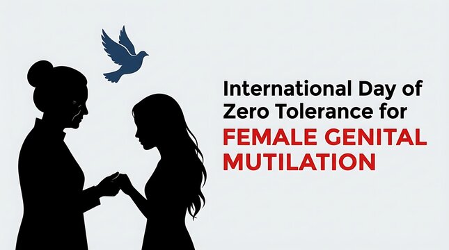 Silhouettes of women and dove representing peace and solidarity on international day of zero tolerance for female genital mutilation fighting against harm