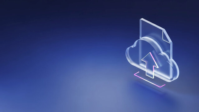 A modern, minimalist illustration of cloud computing with an upward arrow symbolizing file upload or data transfer.