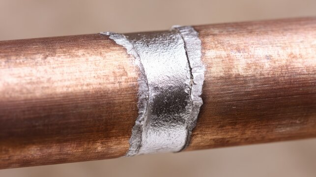 brazed. Close-up detail of brazed copper pipe joint with smooth gleaming solder fillet. event key visuals, club posters, designed for sports event promotions and stadium branding, supports training.