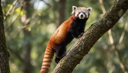 A red panda with reddish-brown fur, black legs, and a striped tail perches on a tree branch