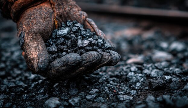 Grimy gloved hand holds pile of black coal chunks