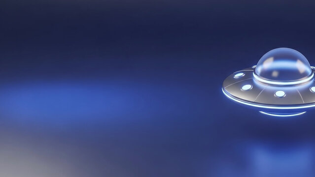 A glowing UFO with a sleek design hovers in a vibrant blue space environment, emitting light.