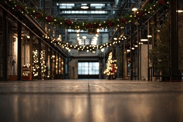 Fototapeta premium Industrial hall decorated for holiday season with festive lights and garland