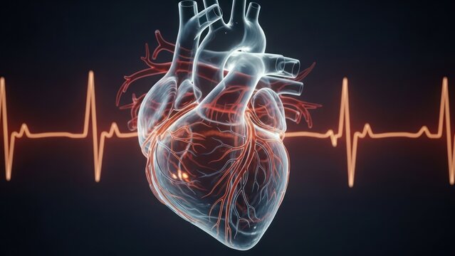 Transparent heart with red blood vessels, ECG line graphic in background