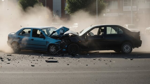 Two cars crash head-on, debris flies; urban scene