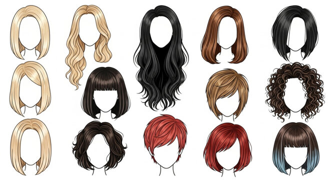 Collection of diverse hairstyles and hair colors for women.