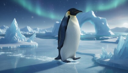 A lone emperor penguin strides confidently across a frozen icy landscape under the aurora borealis