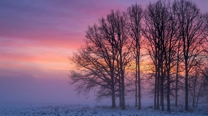 Trees silhouetted against a colorful sunrise in winter fog  