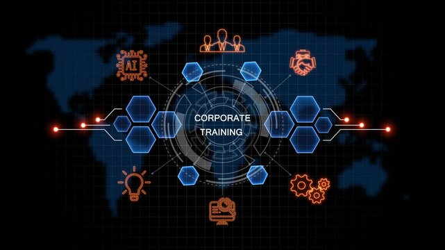 glowing corporate training. button in German on a futuristic, abstract. concept. Work performance is influenced. Abstract neon Hud knowledge ability business gear icon Glowing neon line concept.