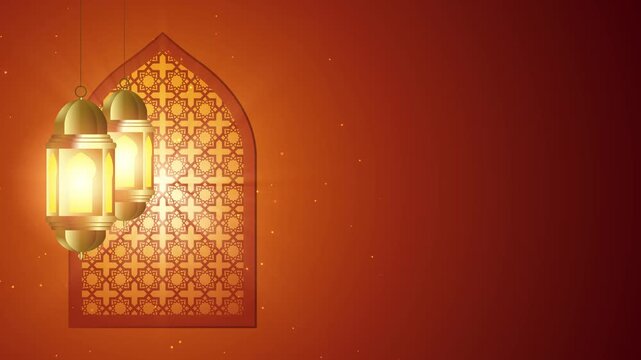Loopable Ramadan motion background of glowing hanging lanterns and an Islamic geometric window. Ideal for Ramadan Kareem greetings, social media intros, promotional videos, and religious presentations