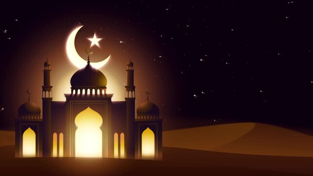 Loopable Ramadan motion background featuring a grand mosque silhouette glowing in a desert night, with a crescent moon, starry sky, and cinematic divine light rays.