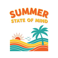 Obraz premium Relaxing Summer State of Mind Graphic with Stylized Sunset, Waves, and Palm Tree