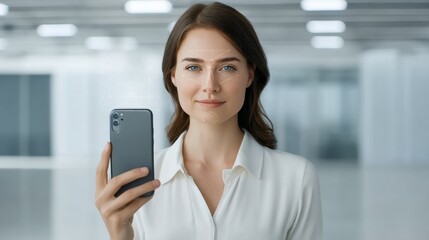 Fototapeta premium Woman Holding Smartphone in Modern Office Environment with Soft Lighting and Professional Appearance