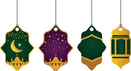 Four distinct hanging decorative tags featuring Islamic architectural silhouettes, moons, and stars against a white backdrop.