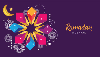 Geometric abstract floral design featuring bright magenta, cyan, and yellow shapes with crescent moon accents on a deep purple background.