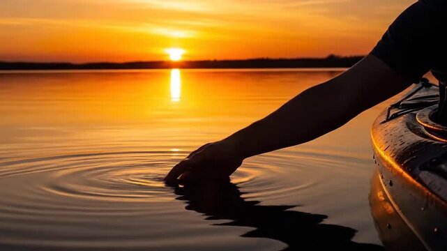 man puts fingers down in lake kayaking against backdrop of golden sunset, unity harmony natur
