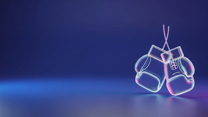 Obraz premium A pair of glowing neon boxing gloves suspended in the air against a dark, gradient blue backdrop, creating a vibrant and dynamic visual effect.