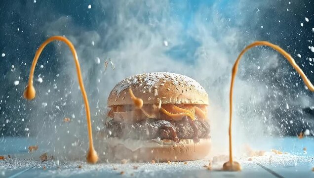 Delicious burger exploding with flavor and ingredients in a creative shot.