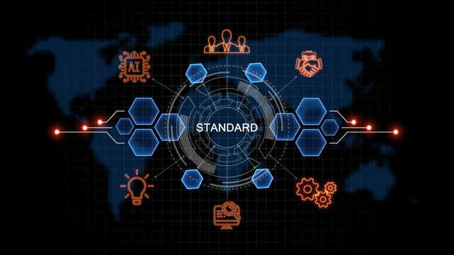 glowing standard. button in German on a futuristic, abstract. concept. Work performance is influenced. Abstract neon Hud knowledge ability business gear icon Glowing neon line concept.