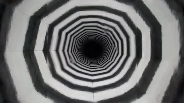 Abstract black and white striped tunnel perspective, creating a hypnotic and dizzying effect.