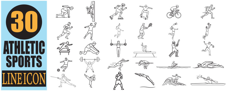  athletic sports line icon collection on light blue