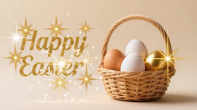 Easter eggs in wicker basket with Happy Easter text and sparkles