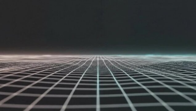 Neon lit grid pattern stretches out in 4k video to the horizon at night