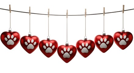 Red heart shaped pet ornaments hanging on a string
