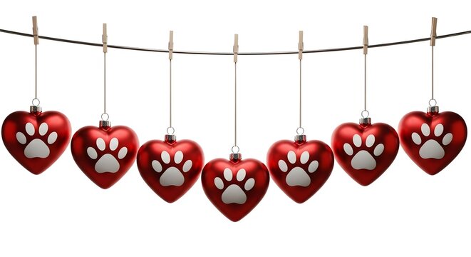 Red heart shaped pet ornaments hanging on a string