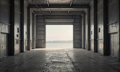 Obraz premium Bare repair dock Huge repair dock empty, steel walls towering, perspective converging to closed far door, soft morning light glowing