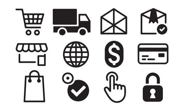 Set of online shopping icons such as cart, delivery truck, package, store, globe, money, and security lock