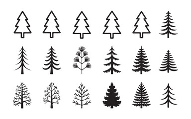 Obraz premium Set of various pine and christmas trees, evergreen forest trees, conifer plants in different styles vector