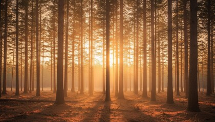 Sunlight streams through tall, slender trees in a vibrant forest, golden hues illuminate