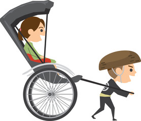 人力車に人を乗せて走っているイメージイラスト