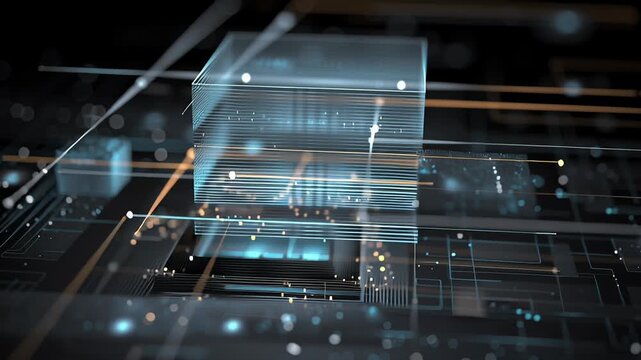A computer chip that is made up of many small squares and lines. Confidential data flow ecosystem, abstract visualization of data moving through secured layers, professional IT illustration