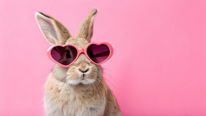 Fototapeta premium A comical shot of a rabbit wearing oversized heart-shaped sunglasses and posing as if they're the star of a Valentine's Day