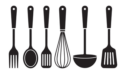 Kitchen utensil set with fork spoon spatula whisk and ladle silhouettes isolated on white background for cook © Md