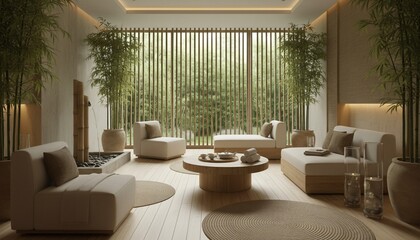 Tranquil interior with natural light, neutral tones, modern furniture, and lush greenery