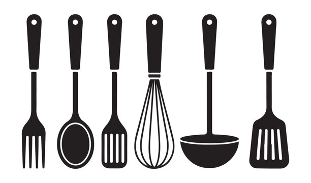 Kitchen utensil set with fork spoon spatula whisk and ladle silhouettes isolated on white background for cook