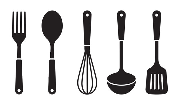Kitchenware silhouettes including fork spoon whisk ladle and spatula on white background for culinary designs