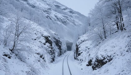 Snow-covered railway tracks lead into a dark tunnel carved through a frosted mountain pass