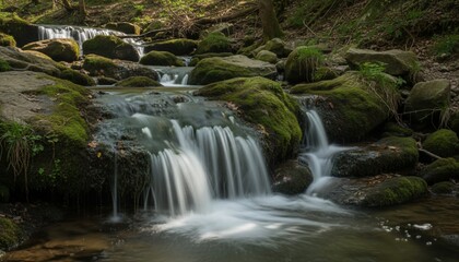 A tranquil mountain stream cascades over mossy rocks, creating small waterfalls in a forest