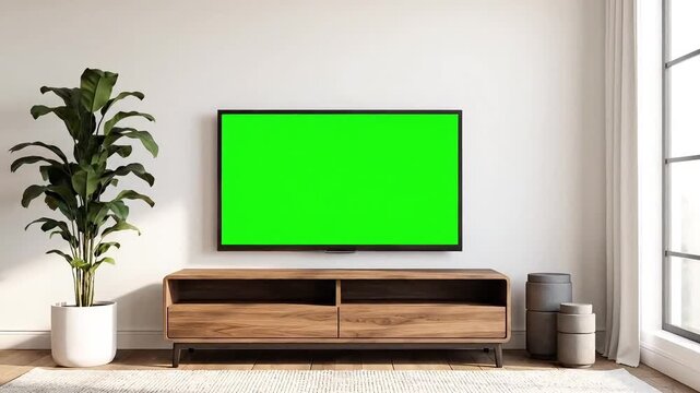 Modern Living Room with Flat Screen T V Green Screen Display Wooden T V Stand Indoor Plant Decor