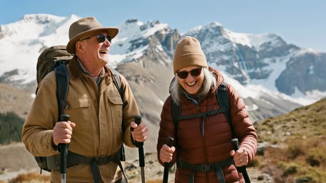 Happy senior couple hiking in the mountains, enjoying nature and adventure in a picturesque landscape