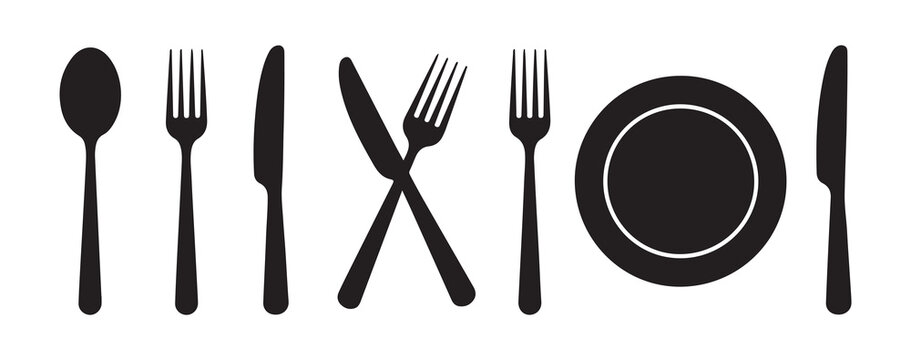 Set of cutlery symbols including spoon fork knife and plate for dining and restaurant design elements