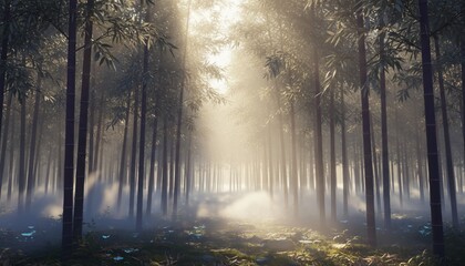 Sunbeams pierce a dense bamboo forest, creating a mystical, serene atmosphere
